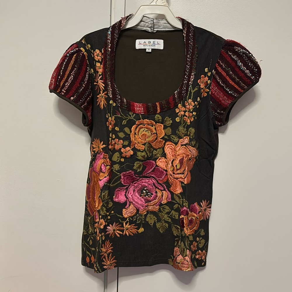 Ritu Kumar, Indian fusion top, dark green and embroidered flowers